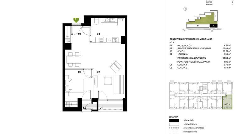 Rzut - Mieszkanie na sprzedaż 2 pokoje o powierzchni 50,78 m² - numer A.2.4 w Kozielska Park