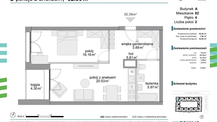 Rzut - Mieszkanie na sprzedaż 2 pokoje o powierzchni 52,36 m² - numer 82 w Osiedle Fokus Ursus