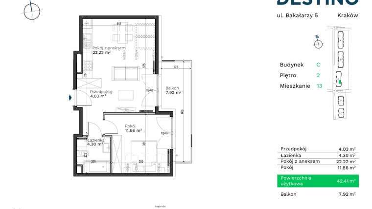 Rzut - Mieszkanie na sprzedaż 2 pokoje o powierzchni 42,41 m² - numer C-13 w Destino