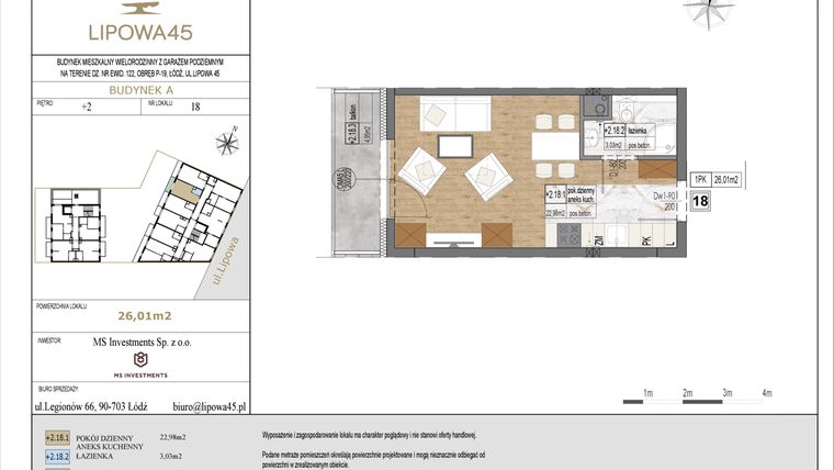 Rzut - Mieszkanie na sprzedaż 1 pokój o powierzchni 26,01 m² - numer A18 w Lipowa 45