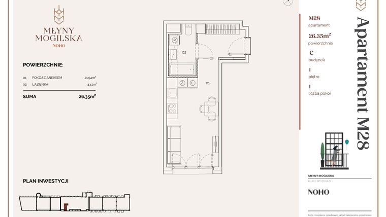 Rzut - Mieszkanie na sprzedaż 1 pokój o powierzchni 26,35 m² - numer C.28 w Młyny Mogilska