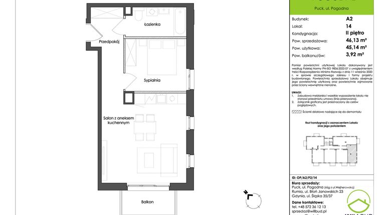 Rzut - Mieszkanie na sprzedaż 2 pokoje o powierzchni 45,14 m² - numer OP/A2/P2/14 w Osiedle Pogodne etap I