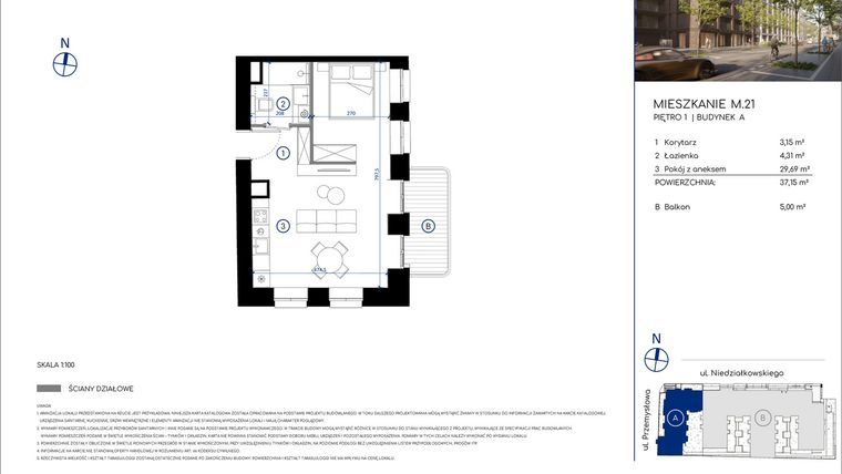 Rzut - Mieszkanie na sprzedaż 1 pokój o powierzchni 37,15 m² - numer M.21 w Niedziałkowskiego Park