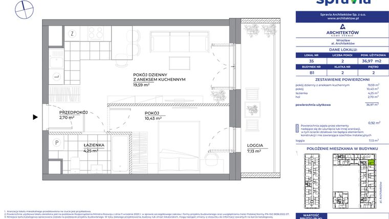 Rzut - Mieszkanie na sprzedaż 2 pokoje o powierzchni 36,97 m² - numer B1_35 w Architektów