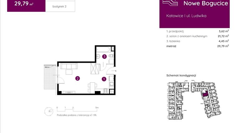 Rzut - Mieszkanie na sprzedaż 1 pokój o powierzchni 29,76 m² - numer 2.B.0.12 w Murapol Nowe Bogucice