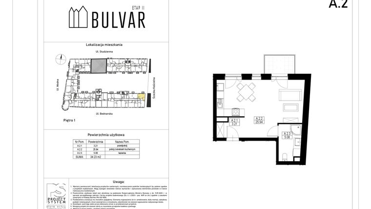 Rzut - Mieszkanie na sprzedaż 1 pokój o powierzchni 34,23 m² - numer A2 w Bulvar etap II