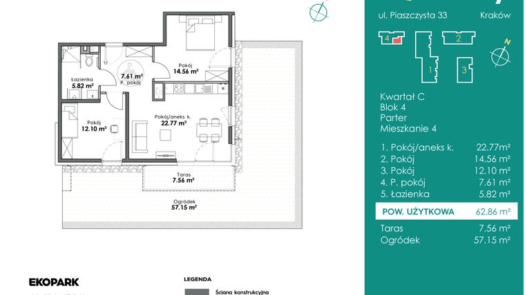 Rzut - Mieszkanie na sprzedaż 3 pokoje o powierzchni 62,86 m² - numer C4-4 w Slow City