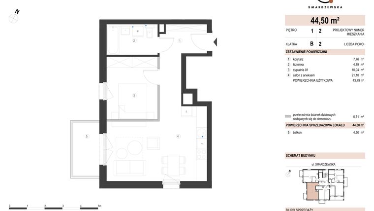 Rzut - Mieszkanie na sprzedaż 2 pokoje o powierzchni 44,5 m² - numer B/1/2 w Smardzewska 8