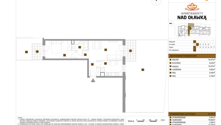 Rzut - Mieszkanie na sprzedaż 2 pokoje o powierzchni 47,07 m² - numer 29 w Apartamenty nad Oławką etap II