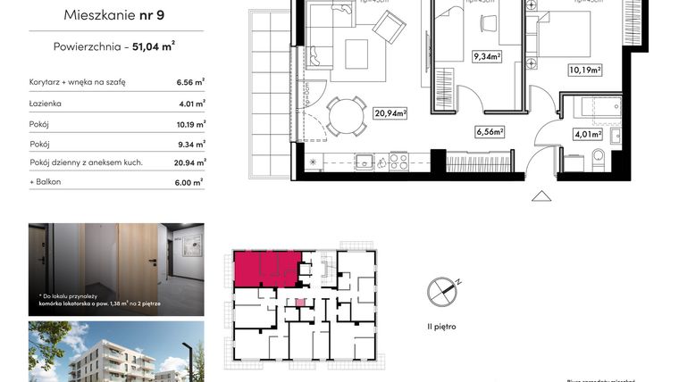 Rzut - Mieszkanie na sprzedaż 3 pokoje o powierzchni 51,04 m² - numer B17.M9 w Novum Rumia - bud. 17