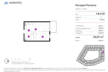 Rzut - Mieszkanie na sprzedaż 2 pokoje o powierzchni 32,78 m² - numer 1.B.4.01 w Murapol Portovo etap II