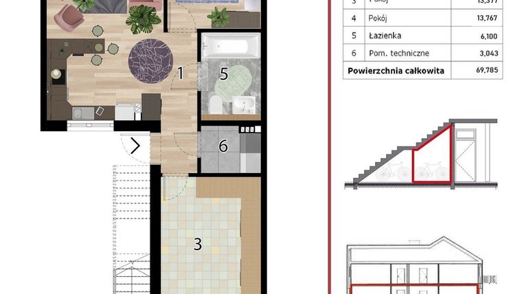 Rzut - Mieszkanie na sprzedaż 3 pokoje o powierzchni 69,78 m² - numer G1E-IV w Osiedle Przyjazne Quart - etap IV