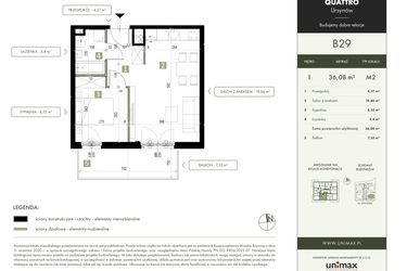 Rzut - Mieszkanie na sprzedaż 2 pokoje o powierzchni 36,08 m² - numer B29 w Quattro Ursynów