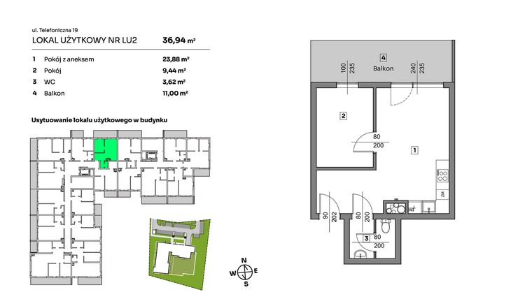 Rzut - Mieszkanie na sprzedaż 2 pokoje o powierzchni 36,94 m² - numer L.U. 2 w Nova Radiostacja - apartamenty inwestycyjne