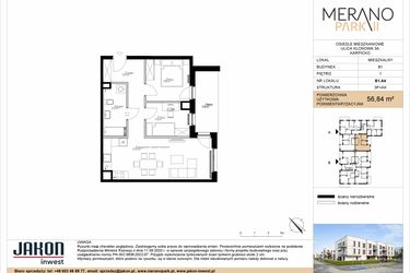 Rzut - Mieszkanie na sprzedaż 3 pokoje o powierzchni 56,84 m² - numer B1.A4 w Merano Park II