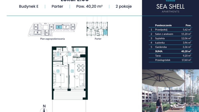 Rzut - Mieszkanie na sprzedaż 2 pokoje o powierzchni 40,2 m² - numer E.05 w Magiczny Łukęcin