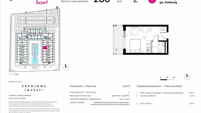 Rzut - Mieszkanie na sprzedaż 1 pokój o powierzchni 22,8 m² - numer 206 w VacationClub Resort