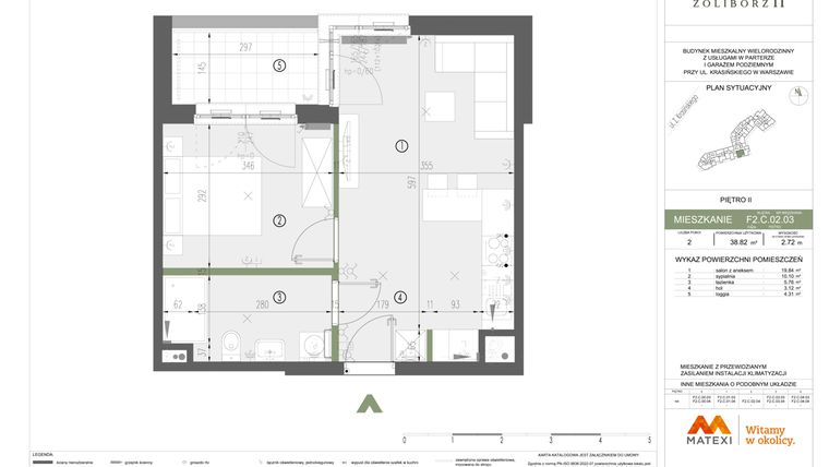 Rzut - Mieszkanie na sprzedaż 2 pokoje o powierzchni 38,82 m² - numer F2.C.02.03 w Sady Żoliborz II