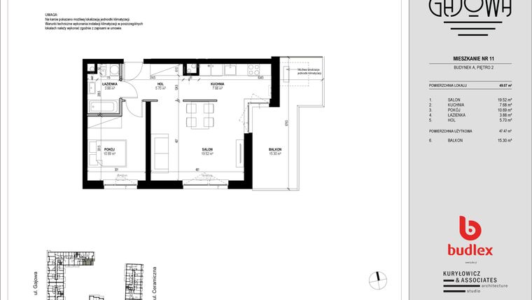 Rzut - Mieszkanie na sprzedaż 2 pokoje o powierzchni 48,9 m² - numer 11 w Gajowa bud. A