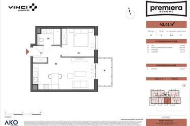 Rzut - Mieszkanie na sprzedaż 1 pokój o powierzchni 43,41 m² - numer A.08 w Premiera Bemowo