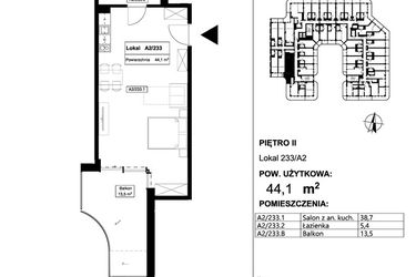 Rzut - Mieszkanie na sprzedaż 1 pokój o powierzchni 44,1 m² - numer 233 w Apollo Resort
