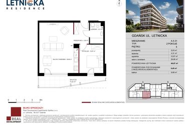 Rzut - Mieszkanie na sprzedaż 2 pokoje o powierzchni 49,87 m² - numer A.5.31 w Letnicka Residence