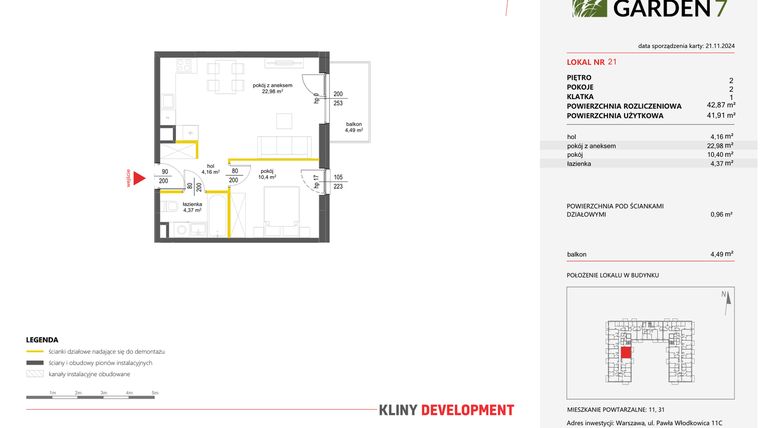 Rzut - Mieszkanie na sprzedaż 2 pokoje o powierzchni 42,87 m² - numer 21 w Nova Viva Garden 7