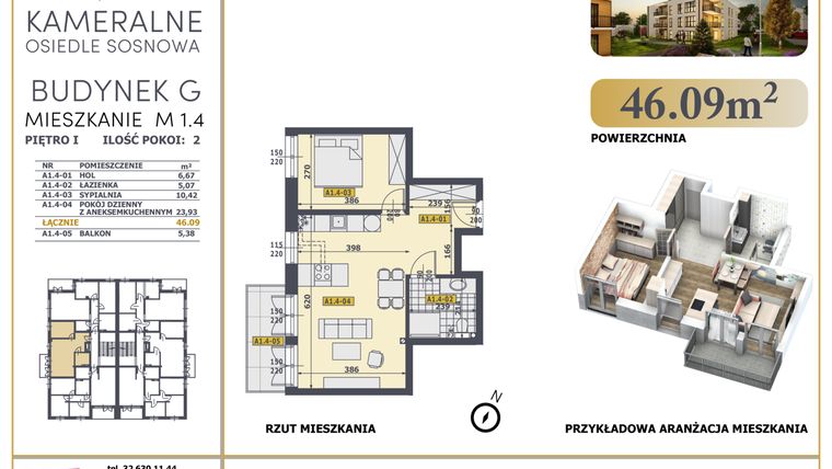 Rzut - Mieszkanie na sprzedaż 2 pokoje o powierzchni 46,09 m² - numer G1.4 w Osiedle Sosnowa G