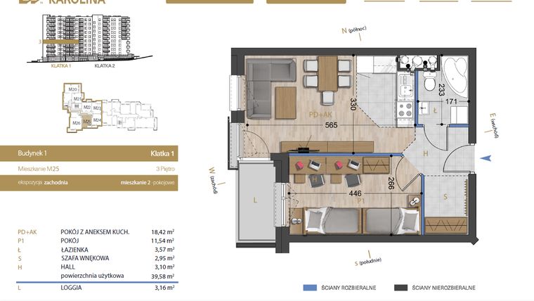 Rzut - Mieszkanie na sprzedaż 2 pokoje o powierzchni 39,58 m² - numer 25 w Osiedle Dakar Karolina