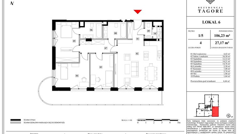 Rzut - Mieszkanie na sprzedaż 4 pokoje o powierzchni 106,23 m² - numer A.1.6 w Rezydencja Tagore