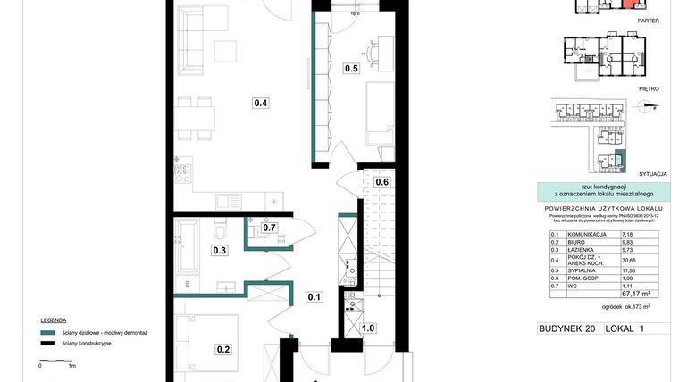 Rzut - Mieszkanie na sprzedaż 3 pokoje o powierzchni 67,17 m² - numer 20-1 w Błonie Bosco