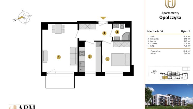 Rzut - Mieszkanie na sprzedaż 2 pokoje o powierzchni 47,42 m² - numer M16 w Apartamenty Opolczyka