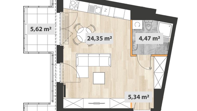 Rzut - Mieszkanie na sprzedaż 1 pokój o powierzchni 34,48 m² - numer A.07.02 w Na Okrzei