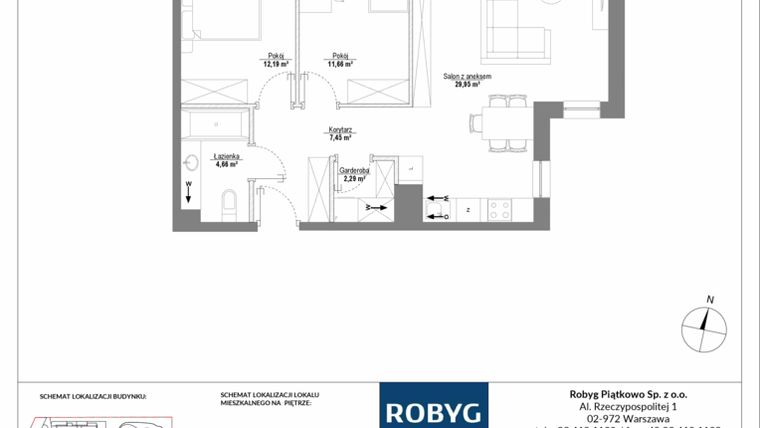 Rzut - Mieszkanie na sprzedaż 3 pokoje o powierzchni 68,2 m² - numer H1_1M03 w Piątkowo Residence etap II