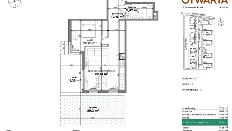 Rzut - Mieszkanie na sprzedaż 2 pokoje o powierzchni 53,24 m² - numer C2-6 w Forma Otwarta etap C