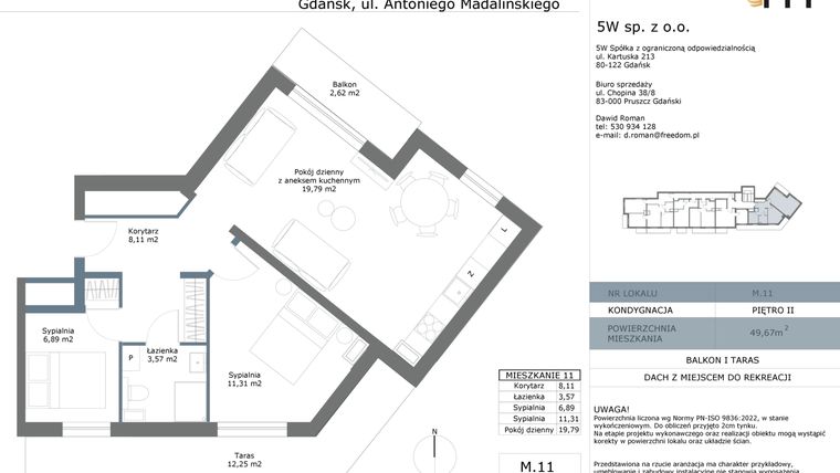 Rzut - Mieszkanie na sprzedaż 3 pokoje o powierzchni 49,67 m² - numer M11 w Madalińskiego