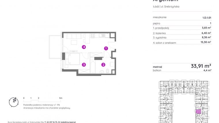 Rzut - Mieszkanie na sprzedaż 2 pokoje o powierzchni 33,62 m² - numer 1.D.1.01 w Murapol Argentum