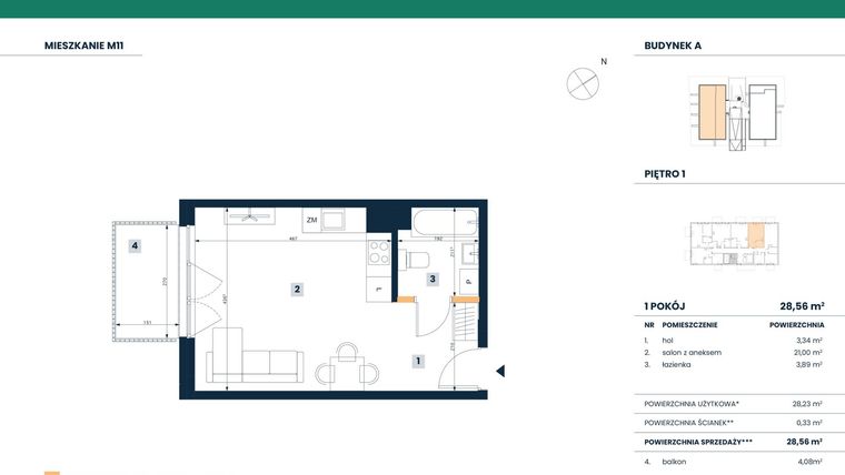 Rzut - Mieszkanie na sprzedaż 1 pokój o powierzchni 28,56 m² - numer M11 w Reneta