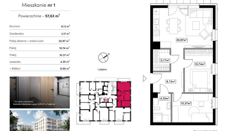 Rzut - Mieszkanie na sprzedaż 3 pokoje o powierzchni 57,63 m² - numer B22.M1 w Novum Rumia - bud. 22