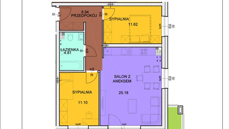 Rzut - Mieszkanie na sprzedaż 3 pokoje o powierzchni 61,65 m² - numer A13 w Osiedle Zuchów