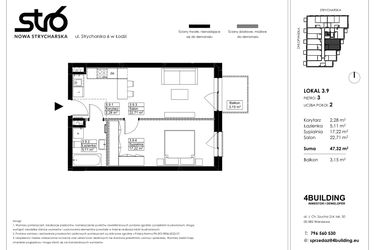 Rzut - Mieszkanie na sprzedaż 2 pokoje o powierzchni 47,32 m² - numer 3.9 w Nowa Strycharska | STR 6