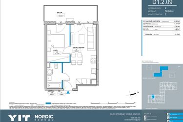 Rzut - Mieszkanie na sprzedaż 2 pokoje o powierzchni 38,85 m² - numer D1.2.09 w Nordic Bemowo - etap IV