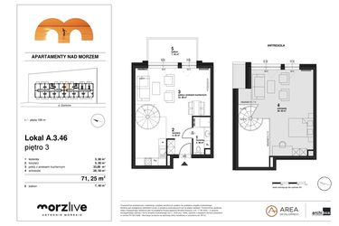 Rzut - Mieszkanie na sprzedaż 1 pokój o powierzchni 71,25 m² - numer A.3.46 w Morzlive