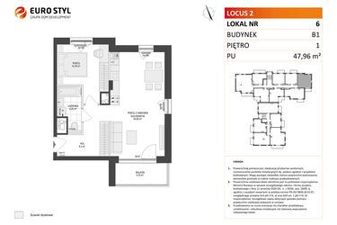 Rzut - Mieszkanie na sprzedaż 2 pokoje o powierzchni 47,96 m² - numer 6 w Locus 2