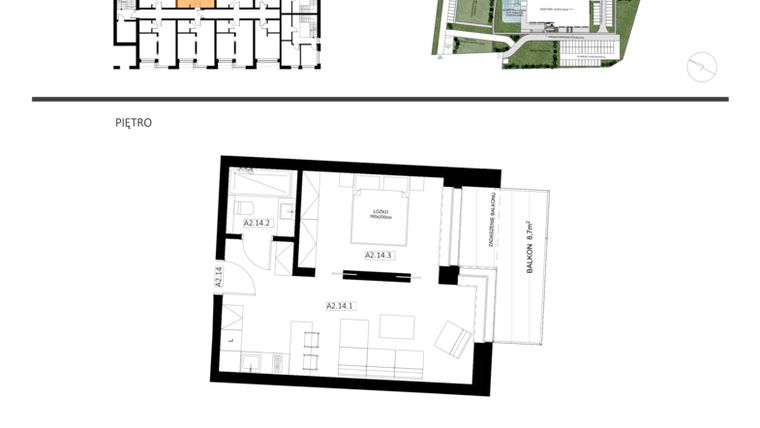Rzut - Mieszkanie na sprzedaż 2 pokoje o powierzchni 39,28 m² - numer A2.14 w Apartamenty Dźwirzyno