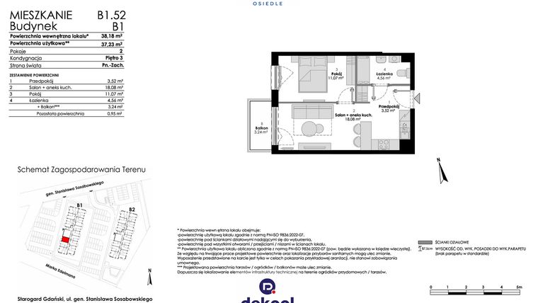Rzut - Mieszkanie na sprzedaż 2 pokoje o powierzchni 37,23 m² - numer B1.52 w Osiedle Chabrowe