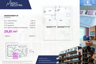 Rzut - Mieszkanie na sprzedaż 2 pokoje o powierzchni 29,81 m² - numer 27 w Novy Szczyrk