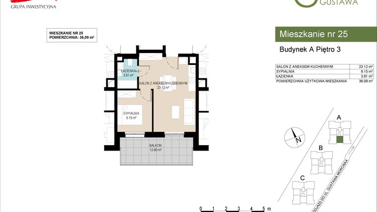 Rzut - Mieszkanie na sprzedaż 2 pokoje o powierzchni 36,09 m² - numer A25 w Wzgórze Gustawa