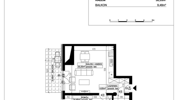 Rzut - Mieszkanie na sprzedaż 2 pokoje o powierzchni 52,33 m² - numer 36 w Ceramika