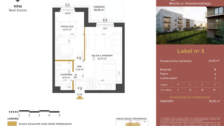 Rzut - Mieszkanie na sprzedaż 2 pokoje o powierzchni 44,4 m² - numer 5 w Stacja Błonie etap II